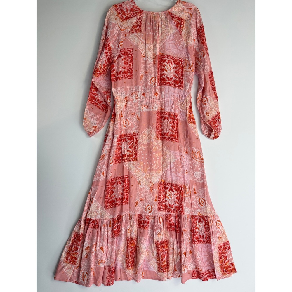 Roller Rabbit Maxi Dress Womens Size M Pink Red Patchwork Bandana Boho Tiered - Picture 6 of 13